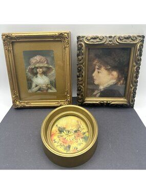 Vintage Hollywood Regency Gold Framed Portrait Art Lot 3 Mini Ornate Wall Decor